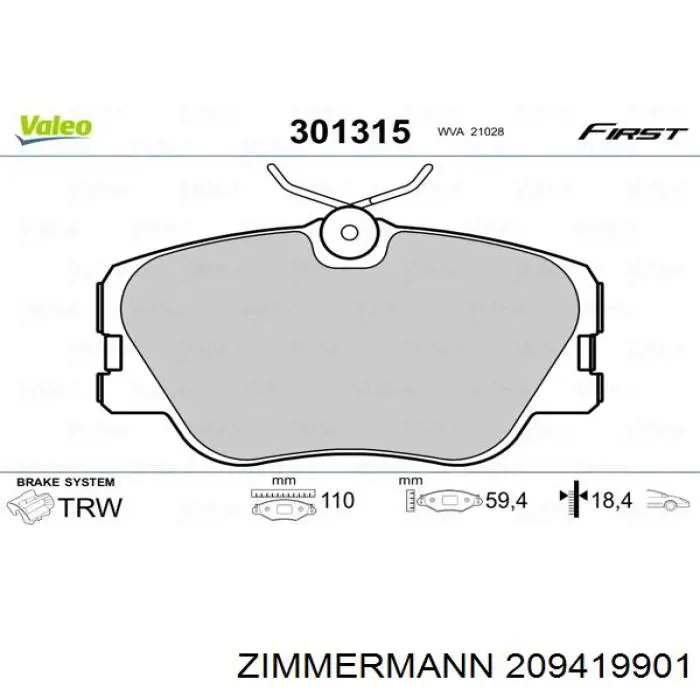 Купити 209419901 Zimmermann Колодки гальмівні передні, дискові