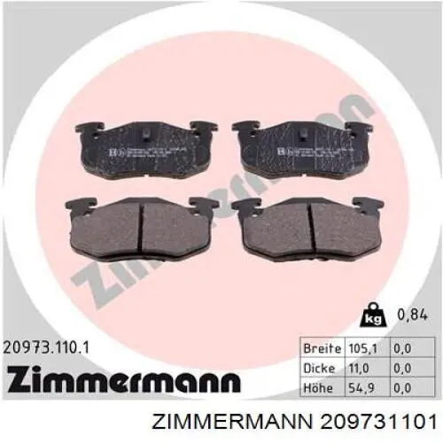 209731101 Zimmermann колодки гальмові задні, дискові