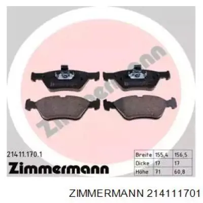 214111701 Zimmermann колодки гальмівні передні, дискові