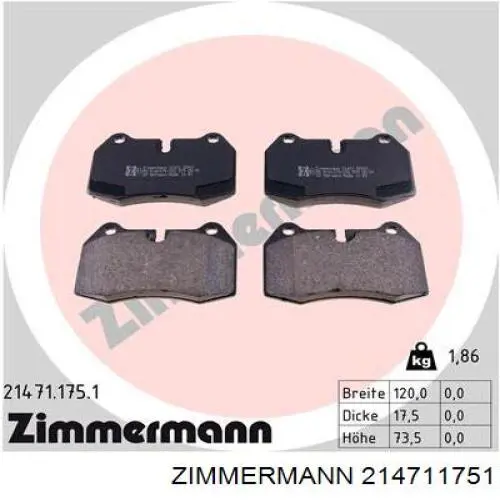 214711751 Zimmermann колодки гальмівні передні, дискові