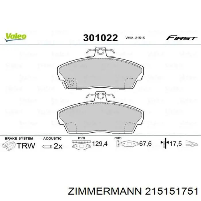 Передні тормозні колодки 215151751 Zimmermann