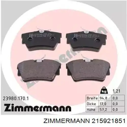 Задні гальмівні колодки 215921851 Zimmermann