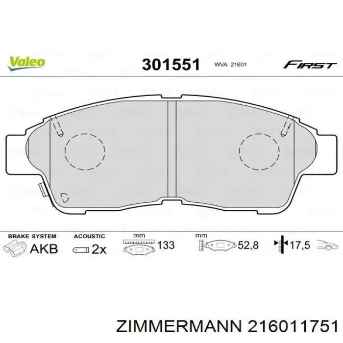 Купити 216011751 Zimmermann Колодки гальмівні передні, дискові