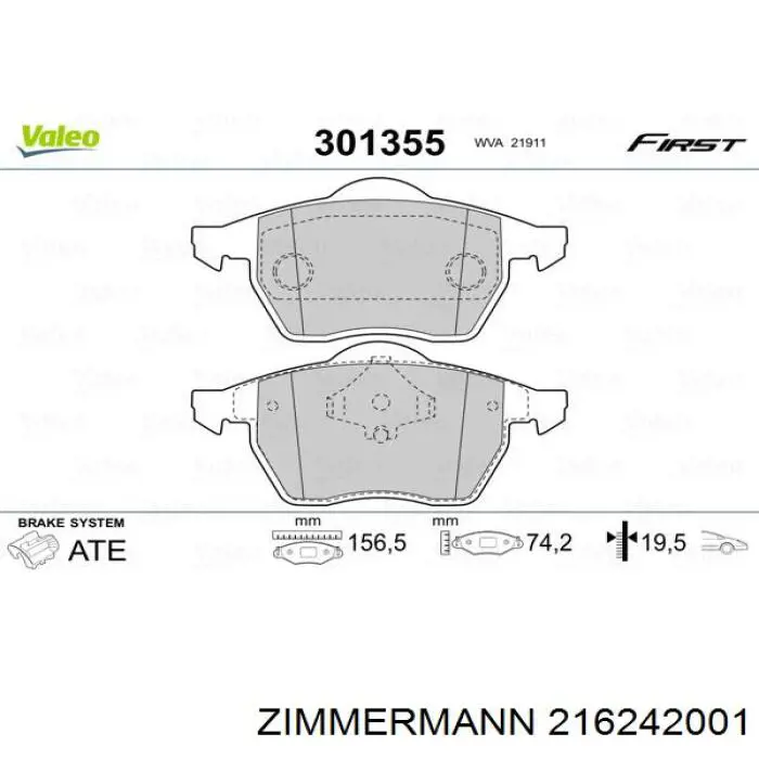 Передні тормозні колодки 216242001 Zimmermann