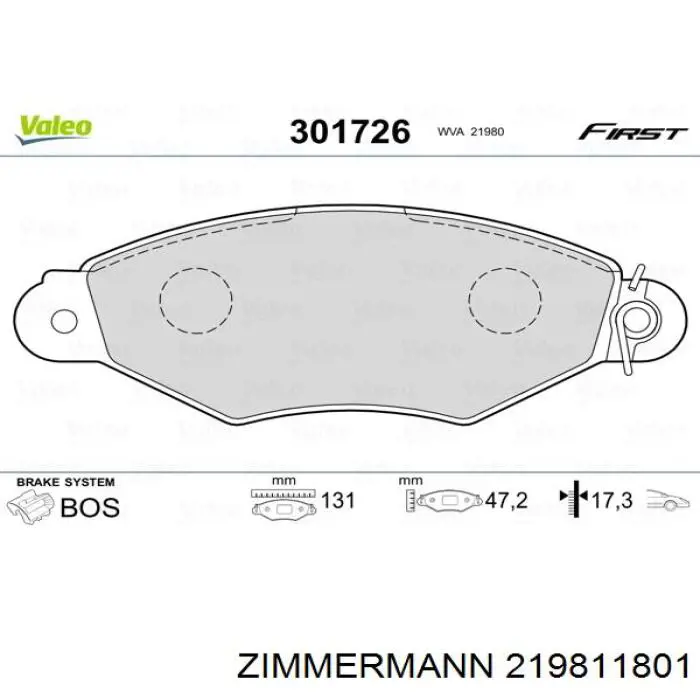 Передні тормозні колодки 219811801 Zimmermann