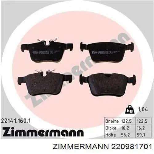 Купити 220981701 Zimmermann Колодки гальмівні передні, дискові