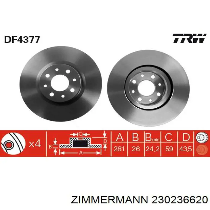 Диск переднього гальма Zimmermann 230236620 ціна, від 41.83 USD