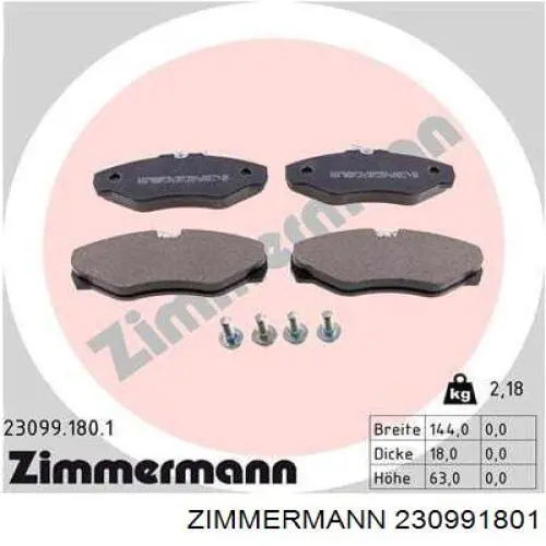 230991801 Zimmermann колодки гальмівні передні, дискові