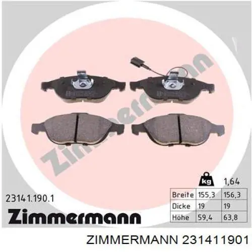 231411901 Zimmermann колодки гальмівні передні, дискові