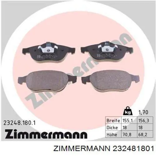 232481801 Zimmermann колодки гальмівні передні, дискові