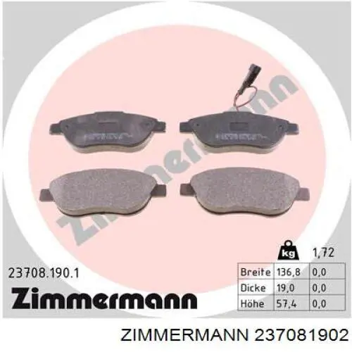 237081902 Zimmermann колодки гальмівні передні, дискові