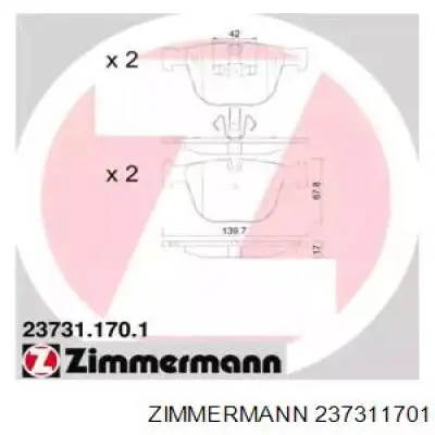 237311701 Zimmermann колодки гальмові задні, дискові