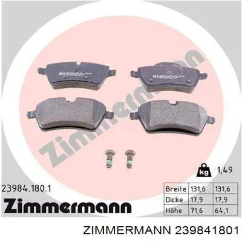 239841801 Zimmermann колодки гальмівні передні, дискові