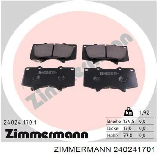 240241701 Zimmermann колодки гальмівні передні, дискові