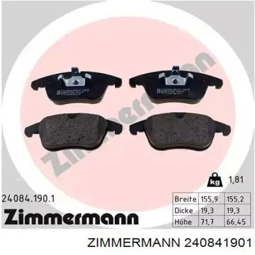 Купити 240841901 Zimmermann Колодки гальмівні передні, дискові