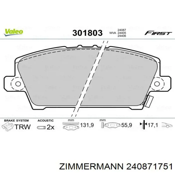 240871751 Zimmermann колодки гальмівні передні, дискові