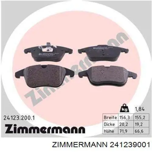 241239001 Zimmermann колодки гальмівні передні, дискові