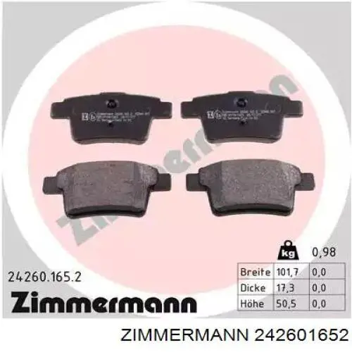 Купити 242601652 Zimmermann Задні колодки