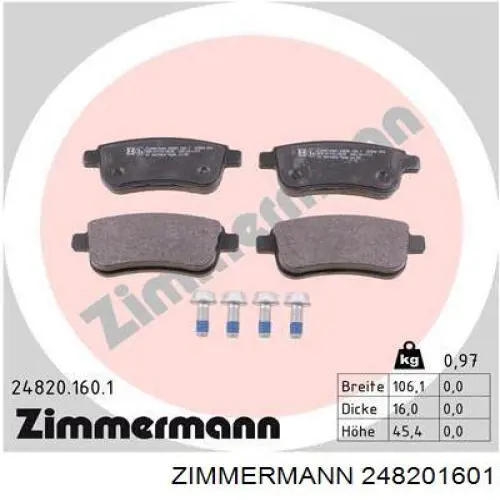 248201601 Zimmermann колодки гальмові задні, дискові