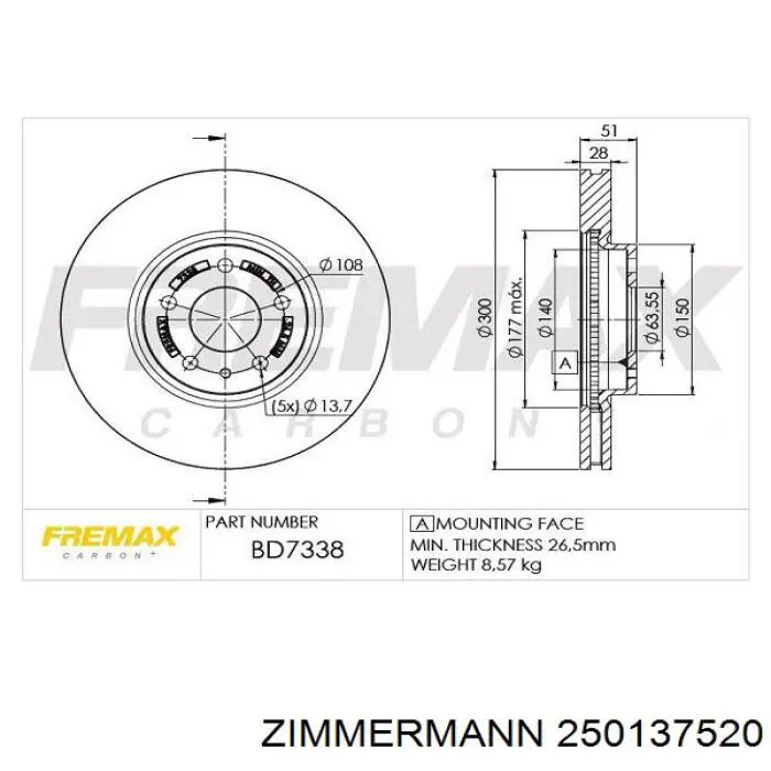Диск гальмівний передній Zimmermann 250137520