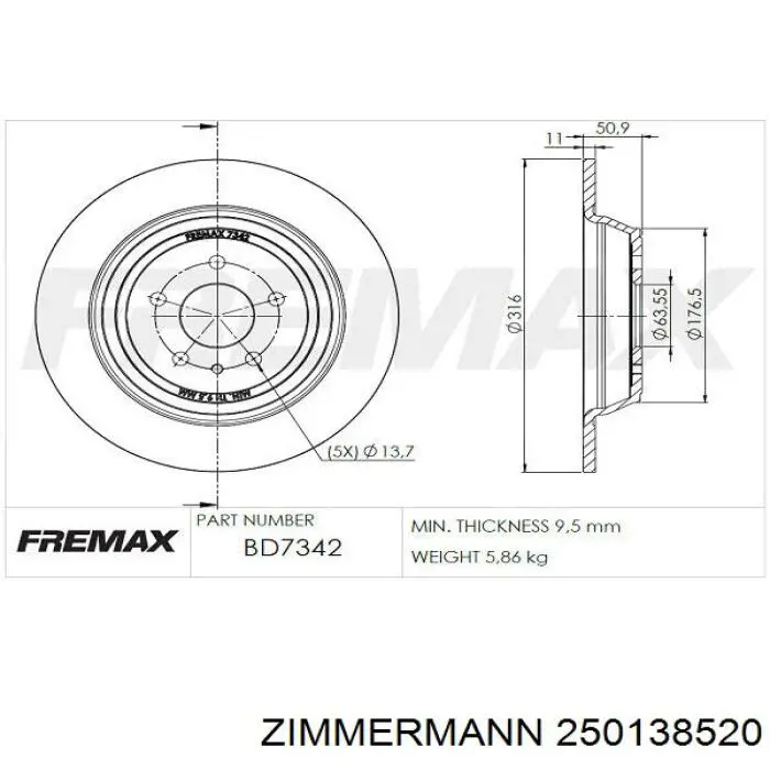 Задні дискові гальма Zimmermann 250138520 ціна, від 54.28 USD