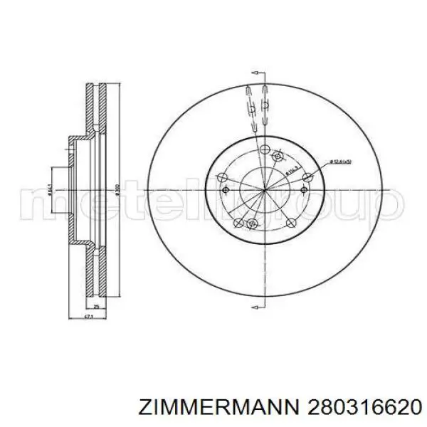 Диск переднього гальма Zimmermann 280316620 ціна, від 63.86 USD