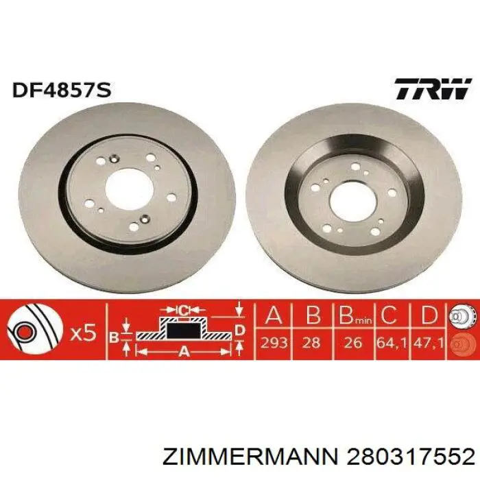 Диск переднього гальма Zimmermann 280317552 ціна, від 70.92 USD