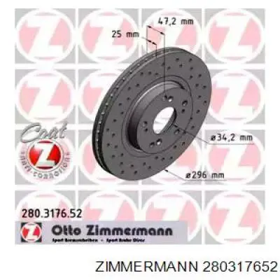 Диск переднього гальма Zimmermann 280317652 ціна, від 61.82 USD