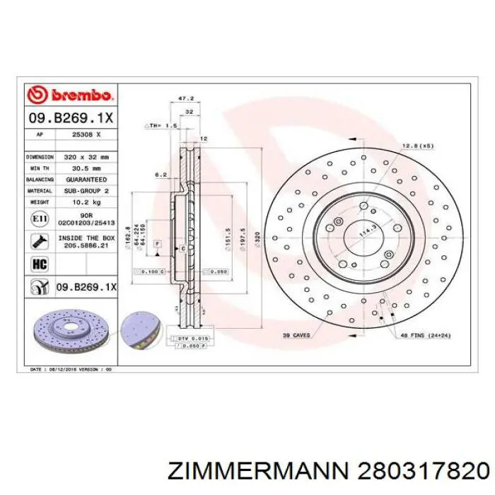 Диск переднього гальма Zimmermann 280317820 ціна, від 81.59 USD