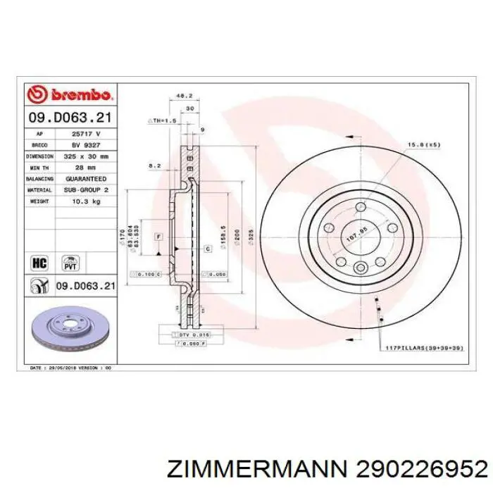 Диск переднього гальма Zimmermann 290226952 ціна, від 77.67 USD