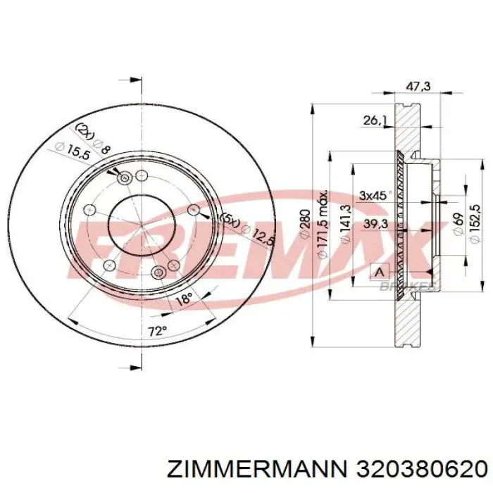 Диск переднього гальма Zimmermann 320380620 ціна, від 49.42 USD