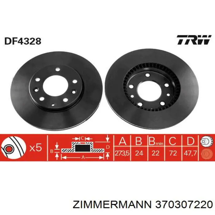 Диск переднього гальма Zimmermann 370307220 ціна, від 38.54 USD