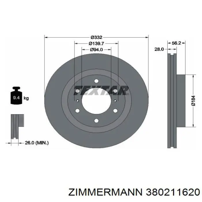 Диск переднього гальма Zimmermann 380211620 ціна, від 64.92 USD