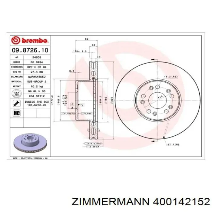 Диск переднього гальма Zimmermann 400142152 ціна, від 77.49 USD