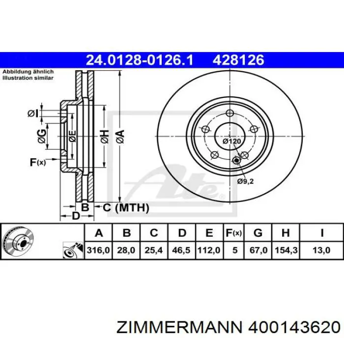 Диск переднього гальма Zimmermann 400143620 ціна, від 52.60 USD