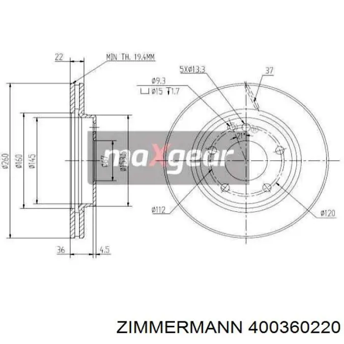 Диск переднього гальма Zimmermann 400360220 ціна, від 30.61 USD