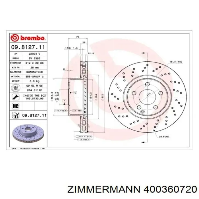 Диск переднього гальма Zimmermann 400360720 ціна, від 63.40 USD