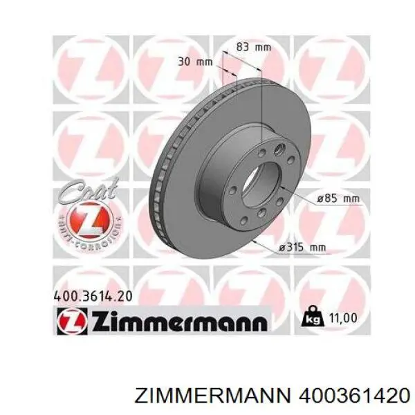Диск переднього гальма Zimmermann 400361420 ціна, від 75.69 USD