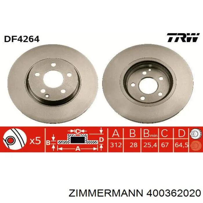 Диск переднього гальма Zimmermann 400362020 ціна, від 56.80 USD