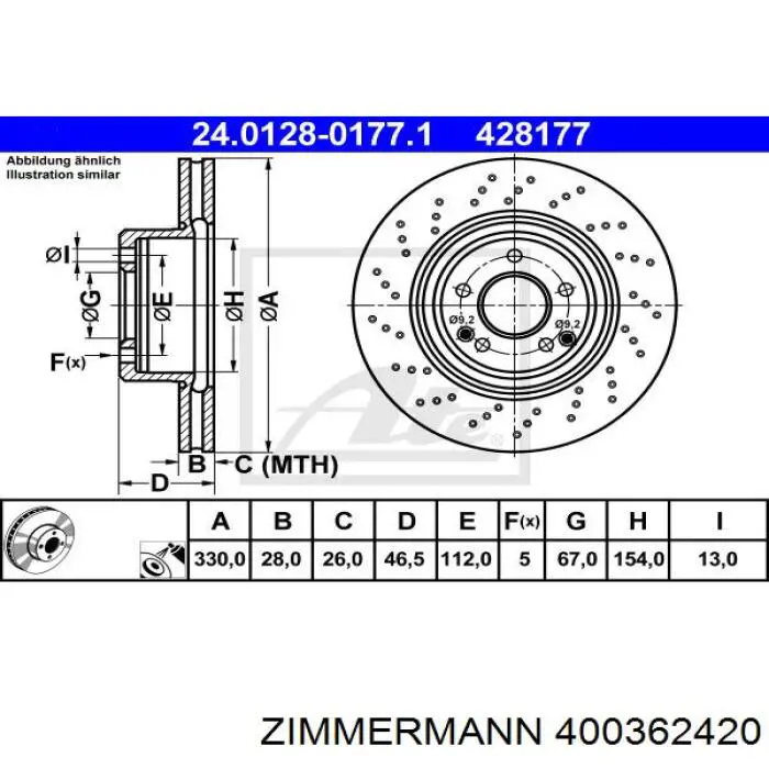 Диск переднього гальма Zimmermann 400362420 ціна, від 82.30 USD