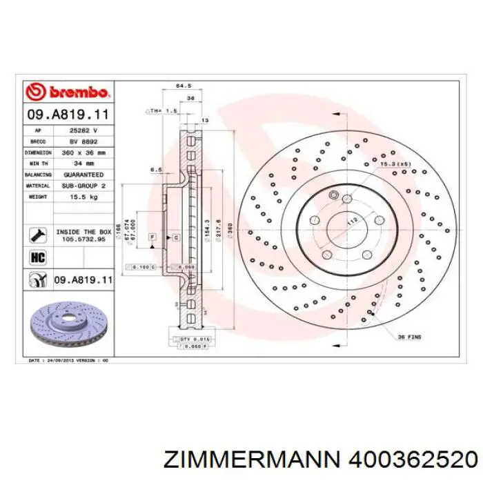 400362520 Zimmermann диск гальмівний передній