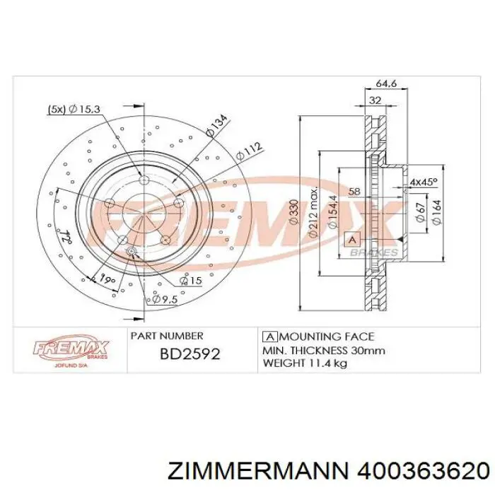 Диск переднього гальма Zimmermann 400363620 ціна, від 94.24 USD