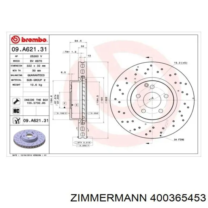 Диск гальмівний передній Zimmermann 400365453