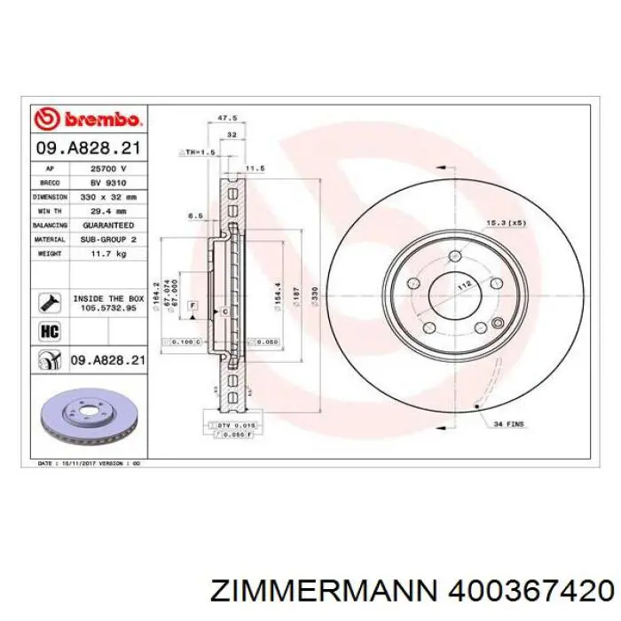Диск переднього гальма Zimmermann 400367420 ціна, від 94.27 USD