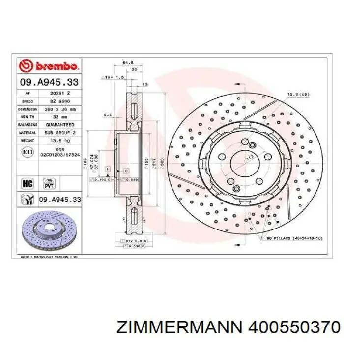 Диск переднього гальма Zimmermann 400550370 ціна, від 524.83 USD