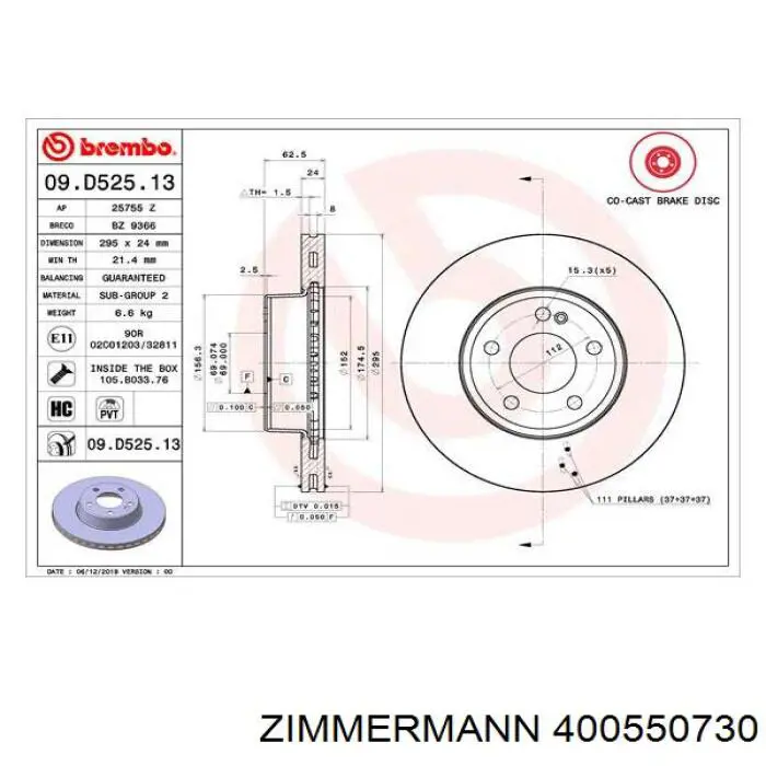 Диск переднього гальма Zimmermann 400550730 ціна, від 89.36 USD