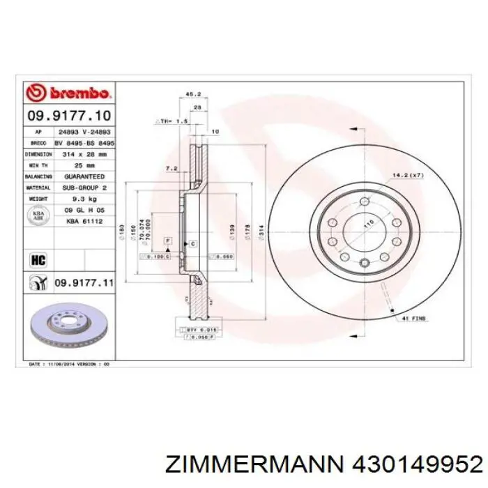 430149952 Zimmermann диск гальмівний передній