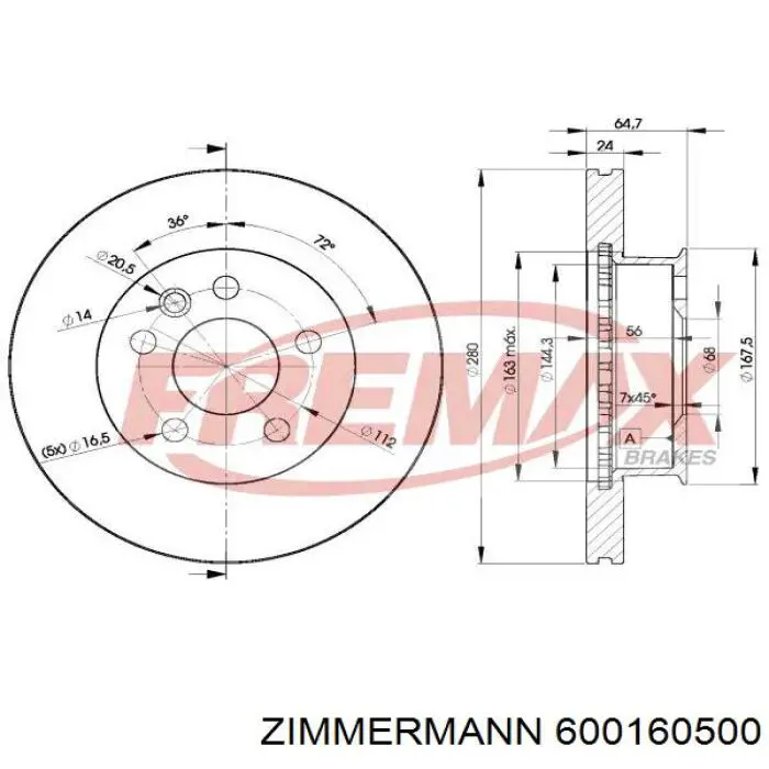 600160500 Zimmermann Гальмо дискове переднє