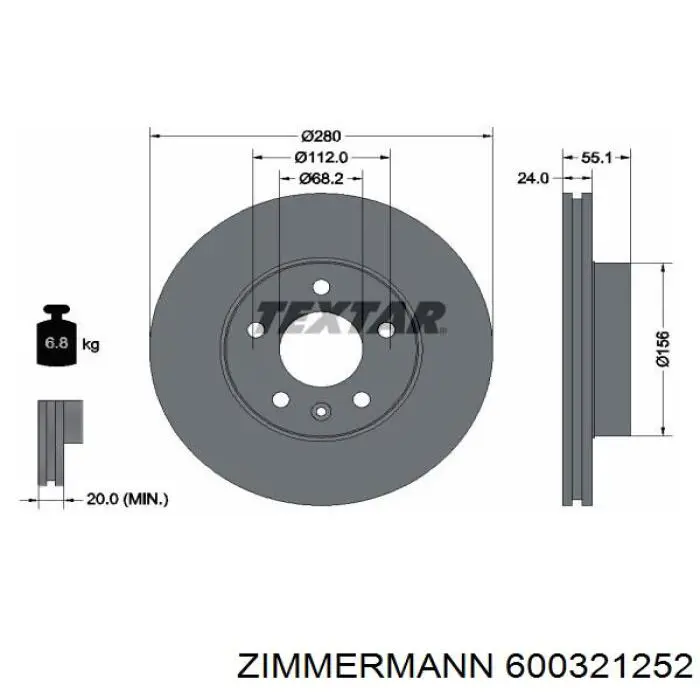 Диск переднього гальма Zimmermann 600321252 ціна, від 35.18 USD