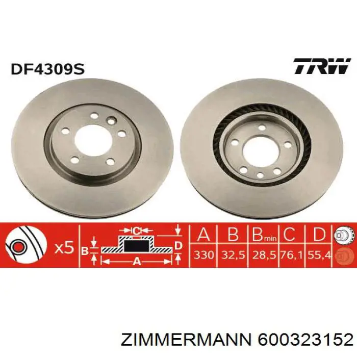 Диск переднього гальма Zimmermann 600323152 ціна, від 59.90 USD